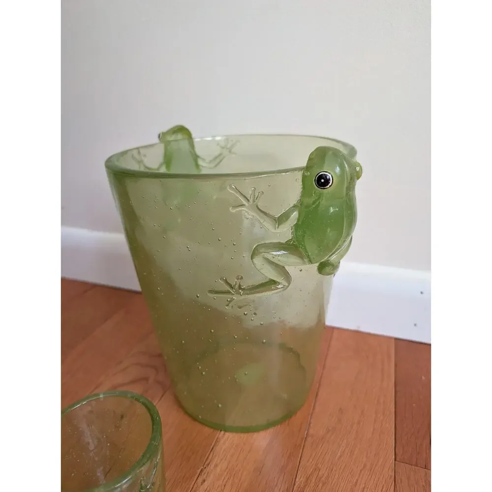 Vintage Y2K Poly-Resin Bubble Acrylic Green Frog Wastebasket Trash Bin 10” & Cup